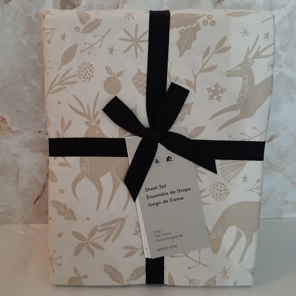 West Elm Scandi Deer Percale King Sheet Set